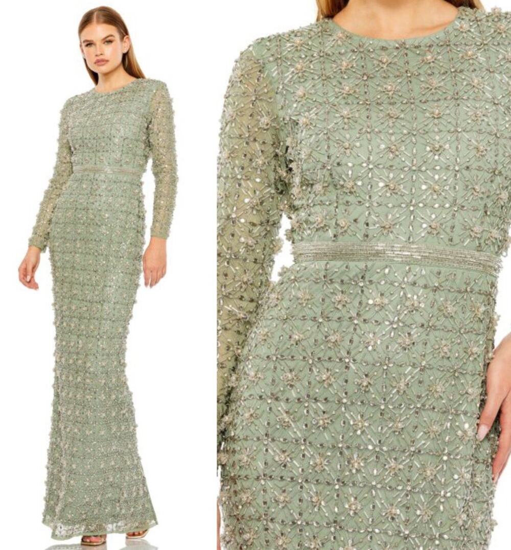 MAC DUGGAL 93827 Embellished High Neck Beaded Gown Size 14 Green Long Sleeve NWT
